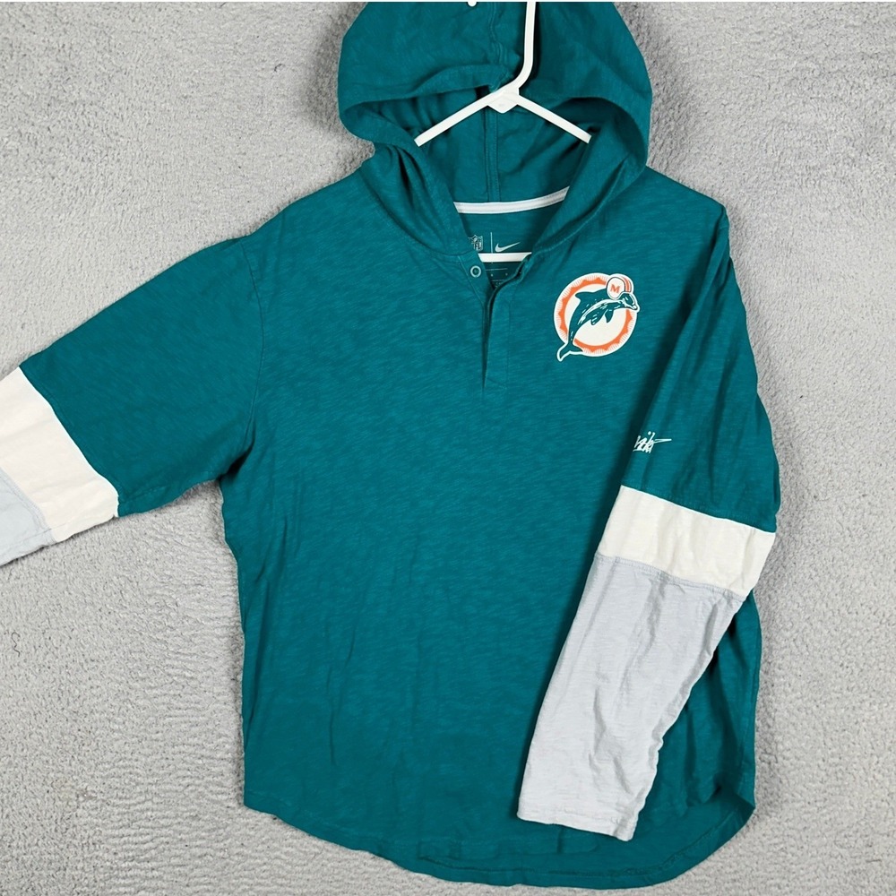 Miami Dolphins Nike Hoodie Mens Large Teal NFL Henley Sweatshirt Long Sleeve EUC